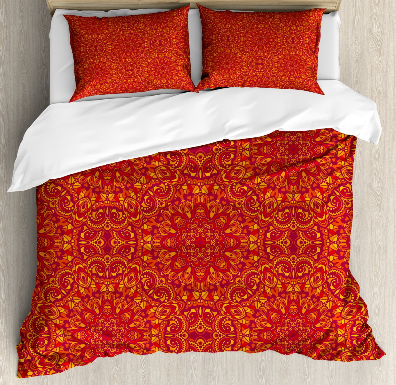 Vermilion Apricot Maroon Mandala Microfiber Queen Duvet Cover Set