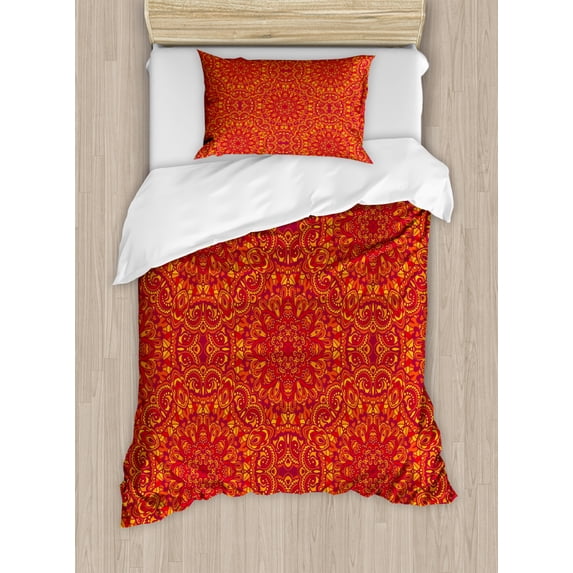 Red Mandala Duvet Cover Set Twin Size, Festive Tribal Motifs Arabesque Details Floral Wisdom Symbol Eastern, Decorative 2 Piece Bedding Set with 1 Pillow Sham, Purple Mustard Orange, by Ambesonne