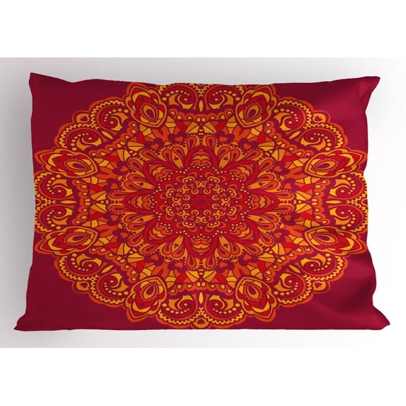 Red Mandala Pillow Sham Psychedelic Vibrant Colored Mandala Historical Ancient Art Elements Circle, Decorative Standard Size Printed Pillowcase, 26 X 20 Inches, Red Ruby Yellow, by Ambesonne