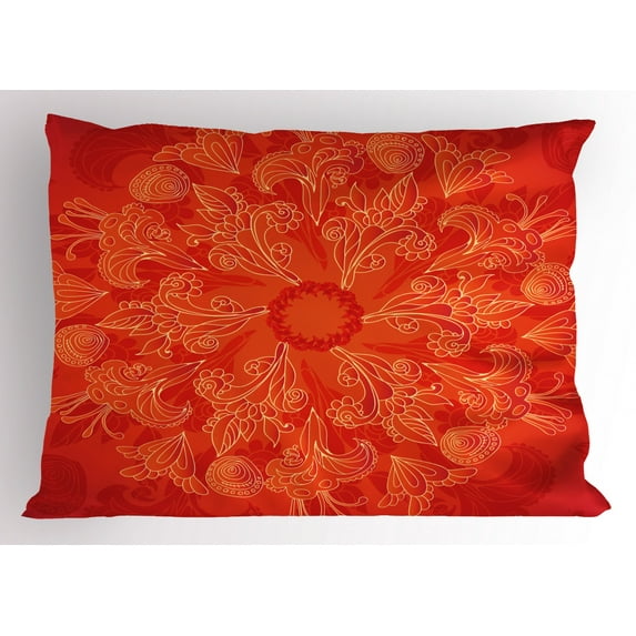 Red Mandala Pillow Sham Vibrant Colored Doodle Style Nature Figures Romantic Abstract Bouquet Art, Decorative Standard Size Printed Pillowcase, 26 X 20 Inches, Scarlet Orange, by Ambesonne