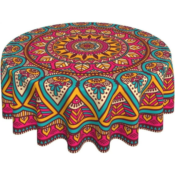 Red Mandala Tablecloth 60 Inch Round Washable Polyester Boho Table Cloth Fabric Farmhouse Table Cove for Dining Room Kitchen Picnic Camping Holiday Home Indoor Outdoor Party Decoration
