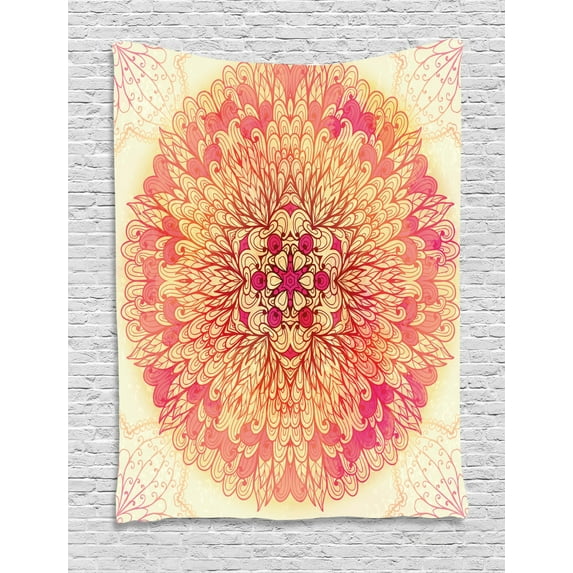 Red Mandala Tapestry, Indian Spiritual Fantasy Flower Lively Colors Cosmos Balance Traditional, Wall Hanging for Bedroom Living Room Dorm Decor, 40W X 60L Inches, Pink Yellow Coral, by Ambesonne