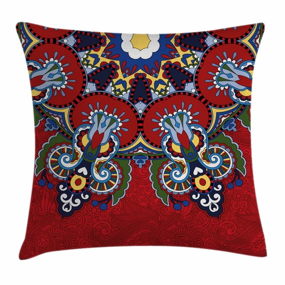 Red Mandala Throw Pillow Cushion Cover, Russian Ukranian Ethnic Lace Like Flowers Leaves Swirls Vintage, Decorative Square Accent Pillow Case, 16 X 16 Inches, Burngundy Blue and White, by Ambesonne