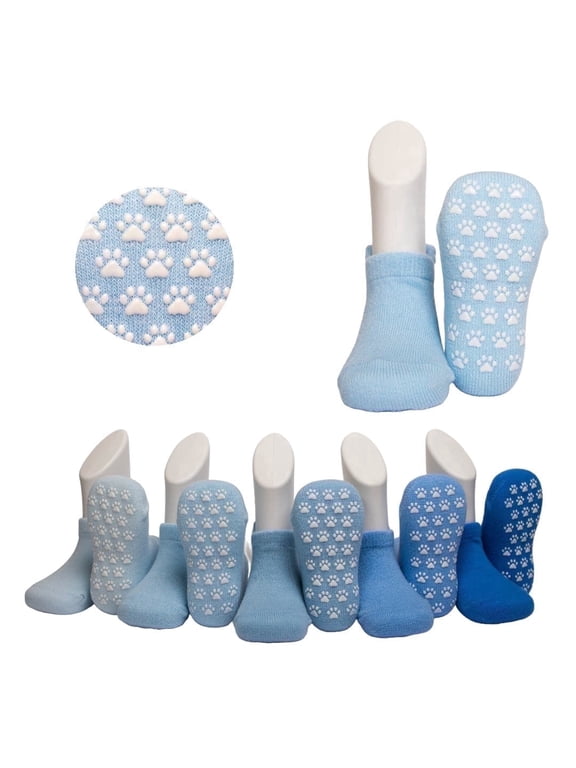 Baby Boys Grip Socks, 5 Pairs, Non Slip Cotton Socks, Animal Print, Ages 6-12 Months