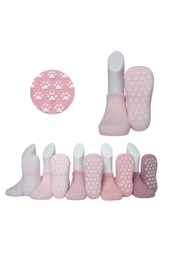 Girls Grip Socks, 5 Pairs, Non Slip Cotton Socks for Girls, Pink Animal Print, Ages 3-5 Years