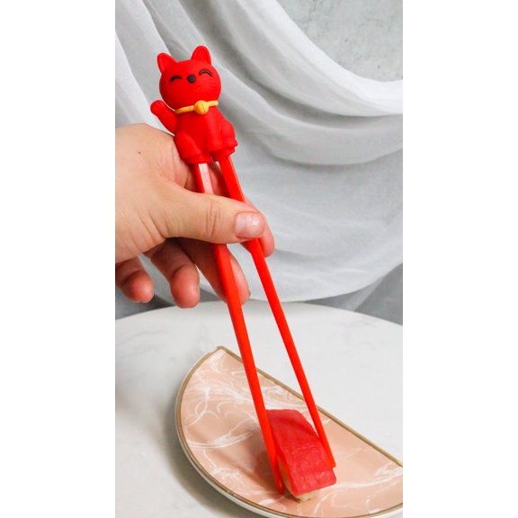 Red Maneki Neko Lucky Cat Reusable Training Chopsticks Set With Silicone Helper