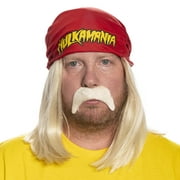 Red Mania Wrestler Bandana with Attached Wig and Mustache Halloween Costume Cosplay