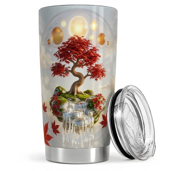 Red Maple Bonsai 20oz Tumbler, Japanese Garden Tumbler, Daily Drinks, Moonlit Waterfall Artwork, Golden Orb Detail, Serene Zen Tree Style For Nature Bonsai And Garden Art Lovers