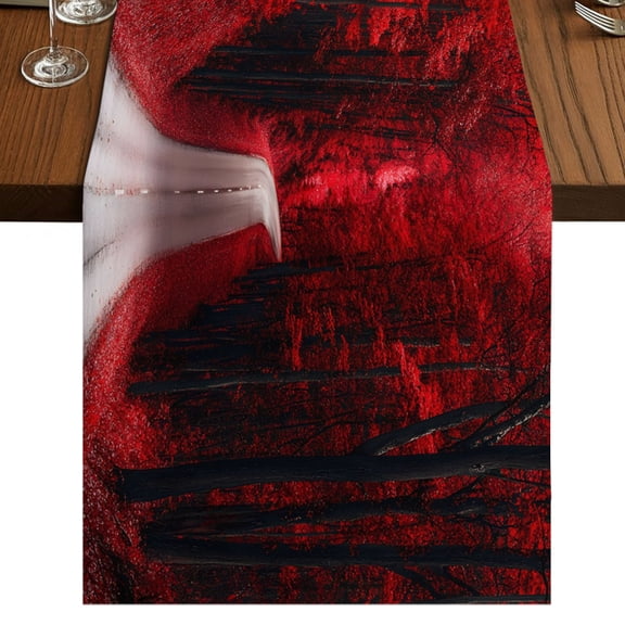 Red Maple Forest Burlap Cotton Table Runner 13x36 Inches Short, Farmhouse Tree Falling Leaves Road Farmhouse Table Runners, Outdoor Dining Tablecloths Decor for Baby Shower/Party/Wedding