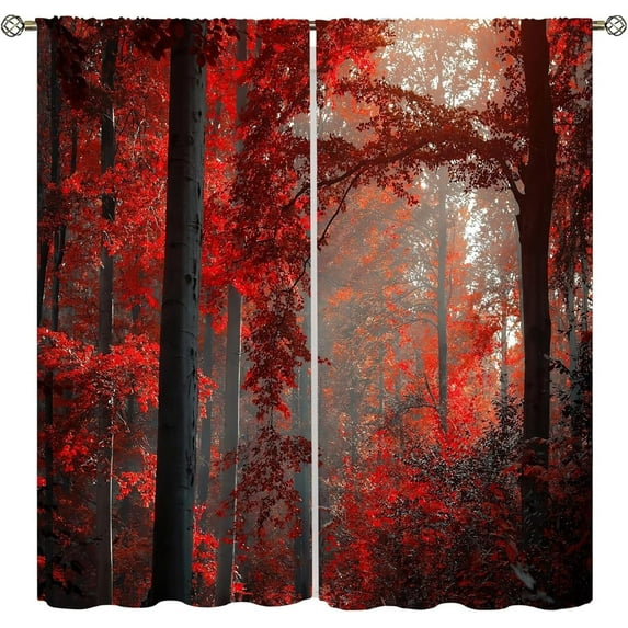 Red Maple Forest Curtains, Natural Scenery Forest Trees and Grass Pattern Printed Window Treatments for Bedroom Living Room Thermal Insulation Curtains 42x54 Inch