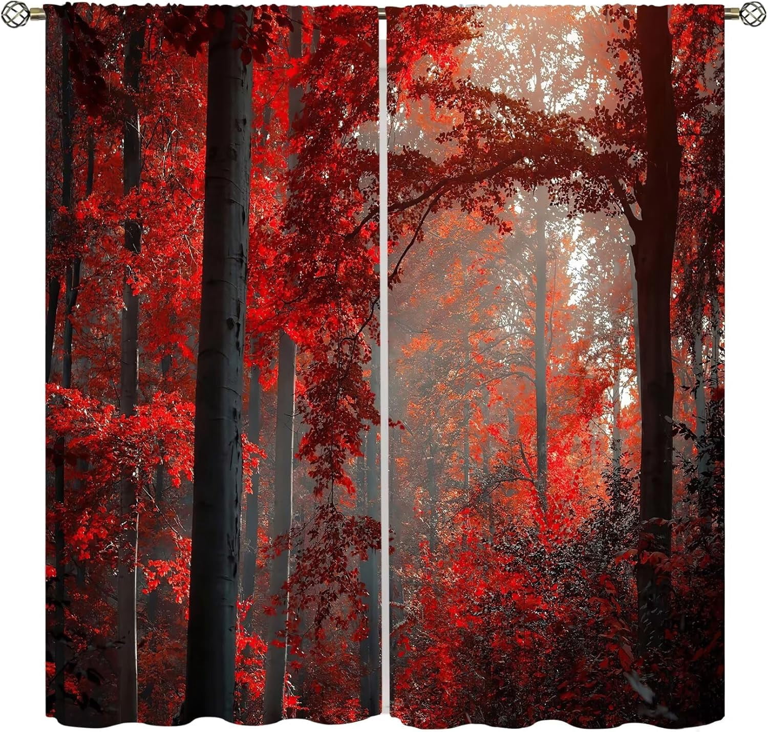Red Maple Forest Curtains, Natural Scenery Forest Trees and Grass Pattern Printed Window Treatments for Bedroom Living Room Thermal Insulation Curtains 42x63 Inch