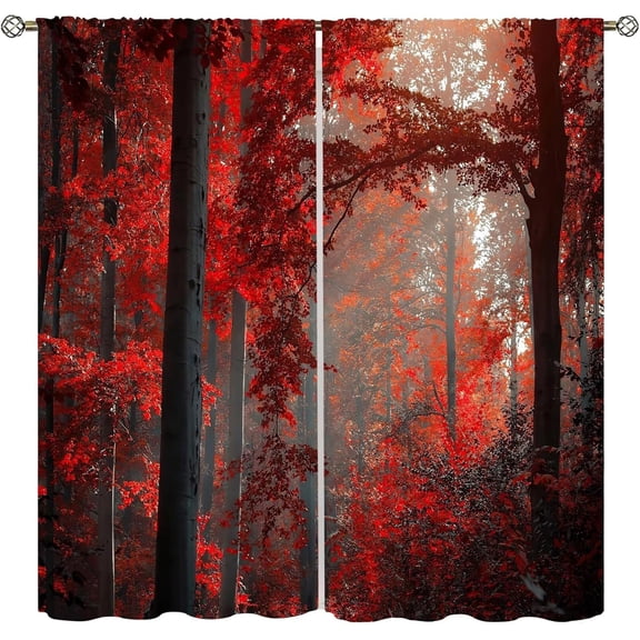 Red Maple Forest Curtains, Natural Scenery Forest Trees and Grass Pattern Printed Window Treatments for Bedroom Living Room Thermal Insulation Curtains 42x63 Inch