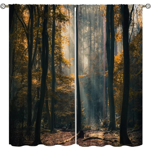 Red Maple Forest Curtains, Natural Scenery Forest Trees and Grass Pattern Printed Window Treatments for Bedroom Living Room Thermal Insulation Curtains 52x84 Inch