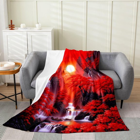 Red Maple Forest Landscape Fleece Blanket with Sunset Waterfall and Boats for Sofa Bed