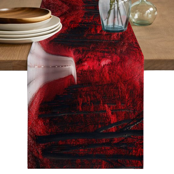 Red Maple Forest Short Table Runner 36 Inches Long,Farmhouse Tree Falling Leaves Road Cotton Linen Table Runners Dresser Scarves,Fabric Tabletop Scarf Furniture Cover for Home Dinner Party 13"x36"