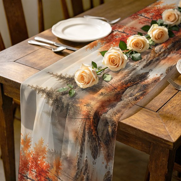 Red Maple Leaf 10 ft Cheesecloth Table Runner for Wedding 27"x120", Fall Pine Trees River Stream Rustic Fall Landscape Kitchen Dinner Sheer Tulle Chiffon Dresser Scarf, Holiday Party Decorations