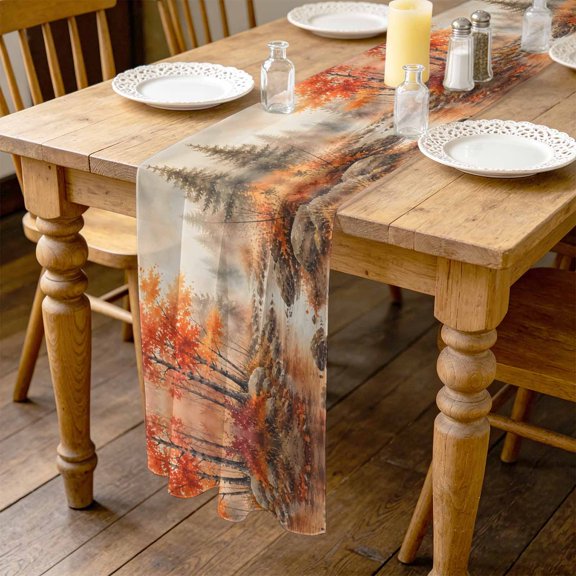 Red Maple Leaf 10ft Cheesecloth Table Runner for Wedding 27"x120", Fall Pine Trees River Stream Rustic Fall Landscape Kitchen Dinner Sheer Tulle Chiffon Dresser Scarf, Holiday Party Decorations
