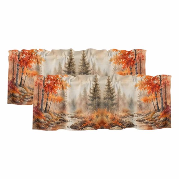 Red Maple Leaf 2 Panels Kitchen Valance, Fall Pine Trees River Stream Rustic Fall Landscape Curtains Valances for Small Windows Rod Pocket Window Treatments for Living Room Bedroom 54" W x 18" L
