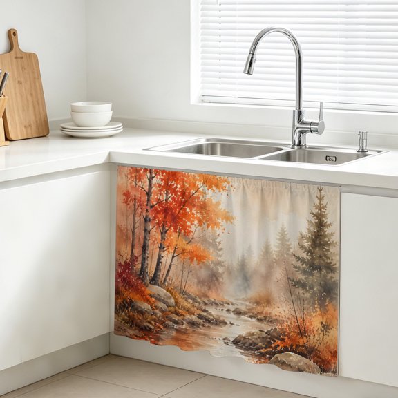 Red Maple Leaf Cabinet Curtain, Fall Pine Trees River Stream Rustic Fall Landscape Sink Skirt for Bathroom, Under Sink shelf Curtain Privacy Drape for Kitchen Laundry Room 11x13in