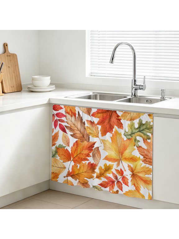 Red Maple Leaf Cabinet Curtain, Fall Thanksgiving Plant Seasonal Leaves Retro Sink Skirt for Bathroom, Under Sink shelf Curtain Privacy Drape for Kitchen Laundry Room 10x11in