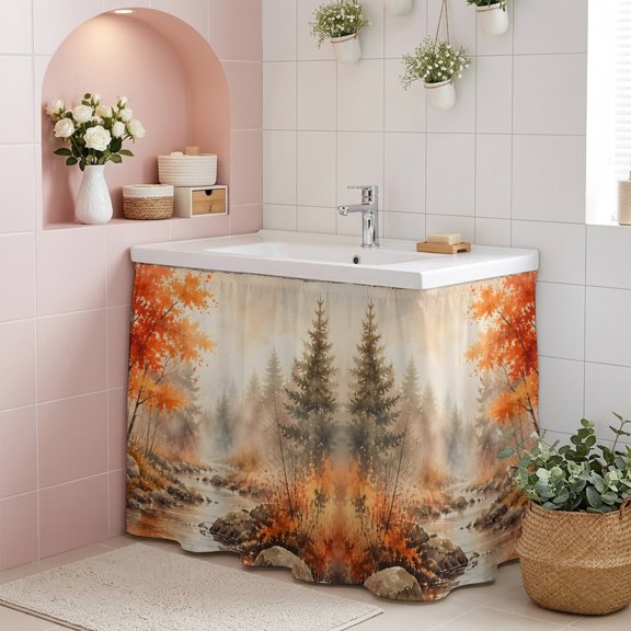 Red Maple Leaf Cabinet Curtains 35" W x 35" L, Fall Pine Trees River Stream Rustic Fall Landscape Under-Desk Privacy Dust Proof Drape Dishwasher Curtain Sink Skirt for Kitchen Closet Bathroom Laundry