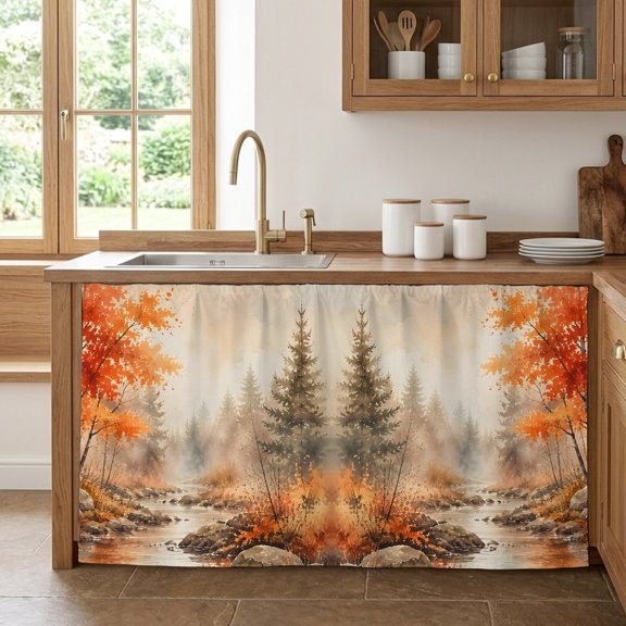 Red Maple Leaf Cabinet Curtains for Kitchen 32"Wx55"L, Fall Pine Trees River Stream Rustic Fall Landscape Pantry Curtain Skirt Magic Tape Short Curtains Decor Privacy Panel for Closet Bathroom