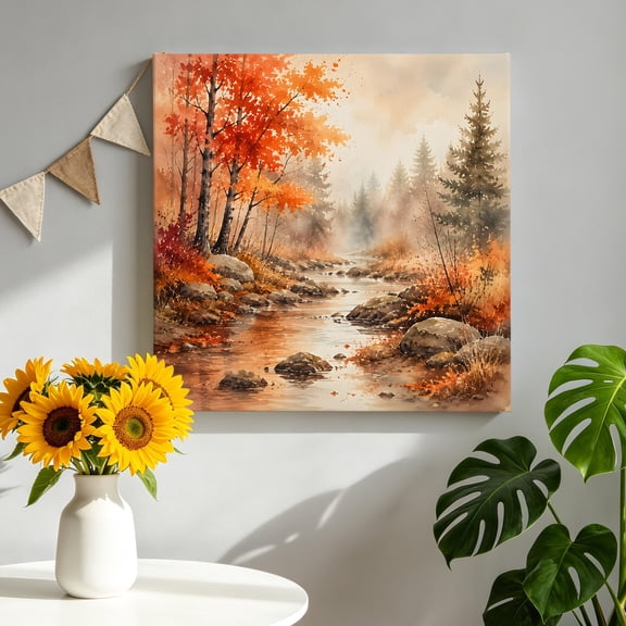 Red Maple Leaf Canvas Wall Art, Fall Pine Trees River Stream Rustic Fall Landscape Framed Canvas Wall Decor Picture Print Artwork Decorations for Living Room Office Ready to Hang 8" x 8"