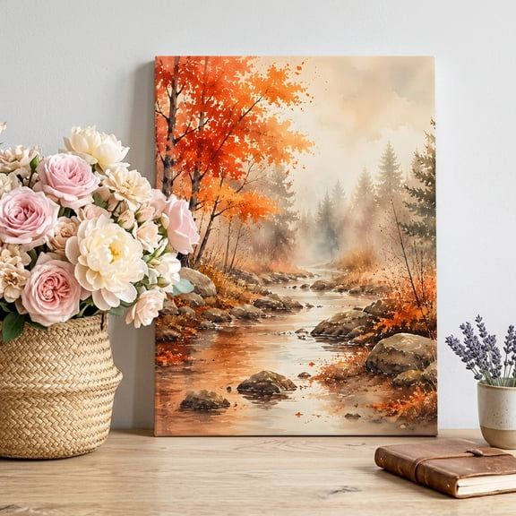 Red Maple Leaf Canvas Wall Art, Fall Pine Trees River Stream Rustic Fall Landscape Pictures Wall Decor Wooden Framed Artwork Art Prints for Living Room Hallway Bedroom Office 20"x24"