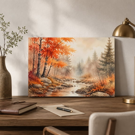 Red Maple Leaf Canvas Wall Art, Fall Pine Trees River Stream Rustic Fall Landscape Wall Art Prints Artwork Framed Canvas Ready to Hang Art Pictures for Bathroom Nightstand, Narrow Hallway 14" x 11"