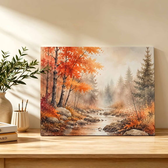 Red Maple Leaf Canvas Wall Art, Fall Pine Trees River Stream Rustic Fall Landscape Wall Art Prints Artwork Framed Canvas Ready to Hang Art Pictures for Bathroom Bedroom Entry Desk Corner 10" x 8"