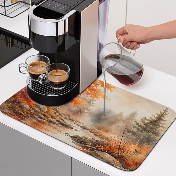 Red Maple Leaf Dish Drying Mats for Kitchen Counter, Fall Pine Trees River Stream Rustic Fall Landscape Absorbent Coffee Bar Mat with Non-slip Rubber Backed Quick Drying Dish Rack Pad 12"x16"