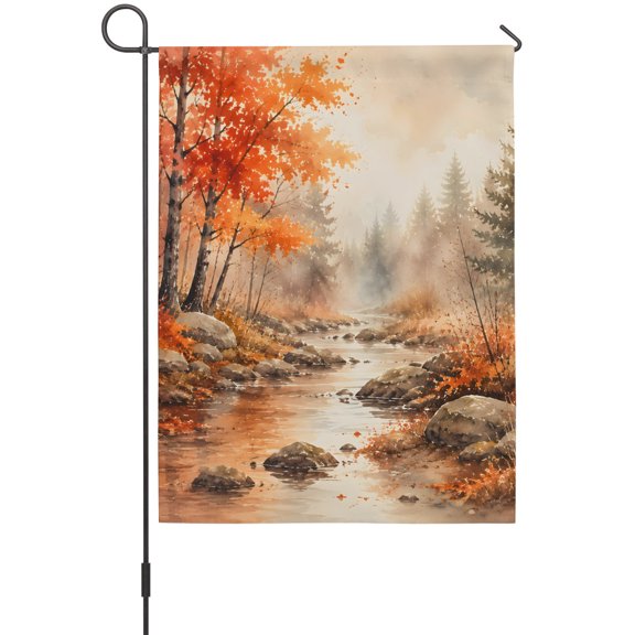 Red Maple Leaf Garden Flags For Outdoor, Fall Pine Trees River Stream Rustic Fall Landscape Small Double Side Yard Flags Weather Proof Garden Decor for Lawn Outside Holiday 12 x 18 Inches