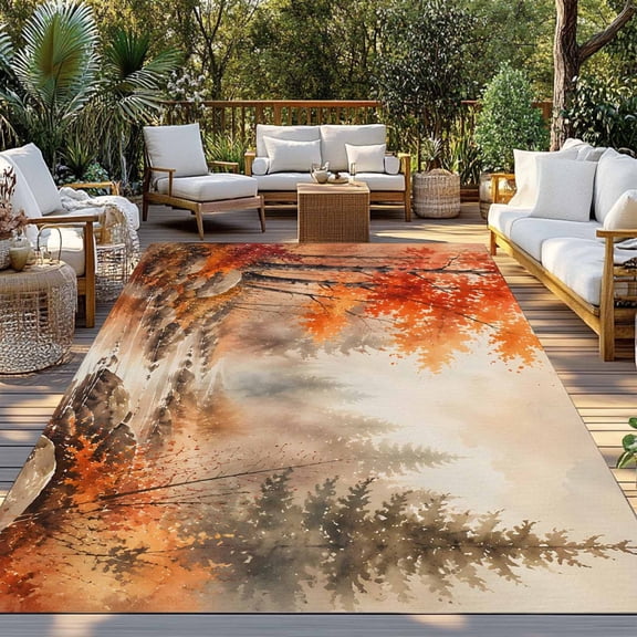 Red Maple Leaf Indoor Outdoor Rugs 4x6 Ft, Fall Pine Trees River Stream Rustic Fall Landscape Outdoor Patio Rugs Mat Washable Outside Area Rugs Carpet for Porch Deck RV Camping Pool Balcony Backyard
