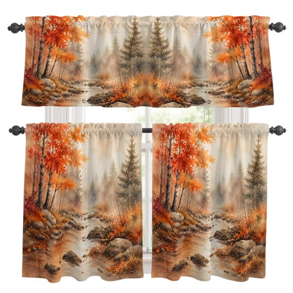 Red Maple Leaf Kitchen Curtains and Valances Set, Fall Pine Trees River Stream Rustic Fall Landscape Rod Pocket Window Valance Window Curtain Panels for Living Room Bedroom, 27.5x24in, 3 Pieces