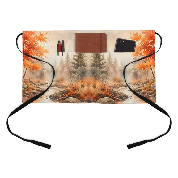 Red Maple Leaf Kitchen Restaurant Half Waist Apron, Fall Pine Trees River Stream Rustic Fall Landscape Server Short Apron with 3 Pockets Waterproof Oil Waist Aprons for Women Waitress Waiter
