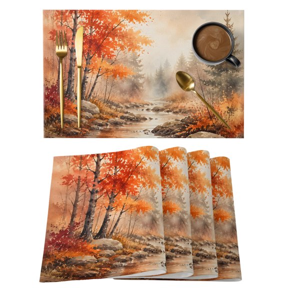 Red Maple Leaf Placemats Set of 6, Fall Pine Trees River Stream Rustic Fall Landscape Non-Slip Place Mats Washable Table Mats for Kitchen Dining Table Decorations Indoor/Outdoor