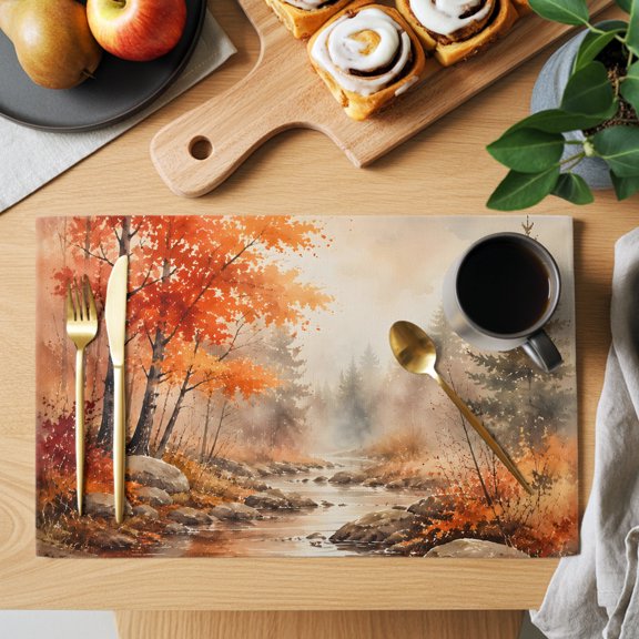 Red Maple Leaf Placemats Set of 8, Fall Pine Trees River Stream Rustic Fall Landscape Heat Insulated Linen Place Mats, Washable Stain-Proof Table Mats for Dining Tables Holiday Decor 13x19 Inches