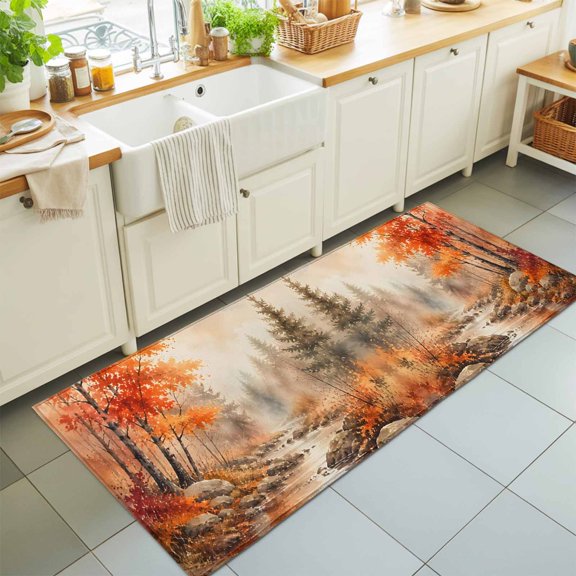 Red Maple Leaf Runner Rug 2'x6' Fall Pine Trees River Stream Rustic Fall Landscape Hallway Runner Rugs Washable Non-Slip Bedside Floor Mats Carpet for Kitchen Bedroom Laundry Room Bathroom