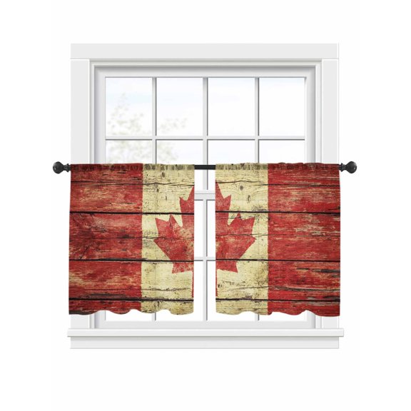 Red Maple Leaf Sheer Curtains 2 Panels Set Vintage Wood Grain Striped Canadian Flag Sheer Window Curtains Light Filtering Rod Pocket Voile Drapes for Bedroom Living Room 52"x54"