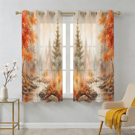 Red Maple Leaf Sheer Curtains 39 Inch Long 2 Panels, Fall Pine Trees River Stream Rustic Fall Landscape Light Filtering Semi Sheer Drapes Grommet Voile Window Curtain for Living Bedroom W27.9 x L39