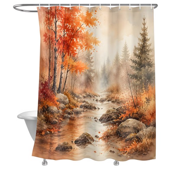 Red Maple Leaf Shower Curtain, Fall Pine Trees River Stream Rustic Fall Landscape Lightweight Waterproof Fabric Shower Curtain with Rustproof Grommets for Bathroom Bathtub 48x72in