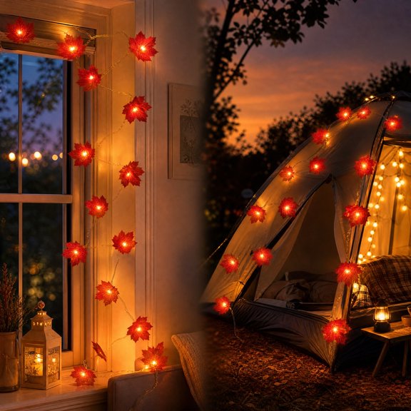 Red Maple Leaf String Lights, Fall Garland Powered by 3 AA Batteries, Thanksgiving Accent Lighting for Tabletop, Mantel and Indoor Home Decor