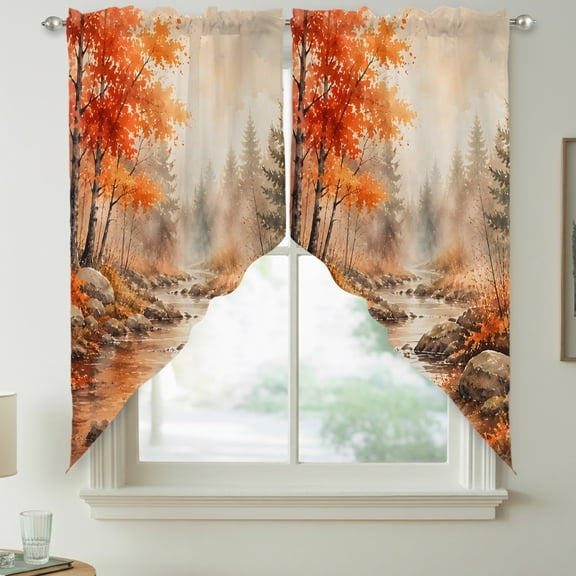 Red Maple Leaf Swag Kitchen Curtain Valances, Fall Pine Trees River Stream Rustic Fall Landscape Rod Pocket Curtains Window Treatment Decor Valances for Bedroom Bathroom, 2 Panels 36 x 36 Inch
