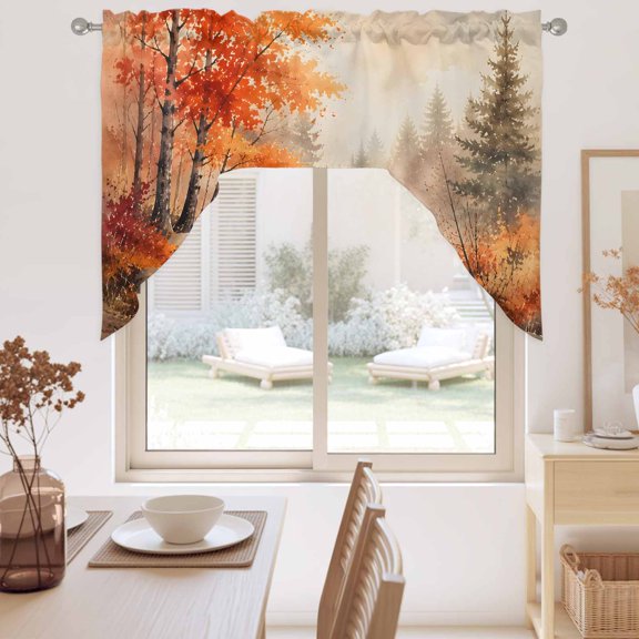 Red Maple Leaf Swag Valance for Windows, Fall Pine Trees River Stream Rustic Fall Landscape Swag Curtains Valances for Small Window Treatment Rod Pocket for Kitchen Bathroom 1 Panel 56x36in