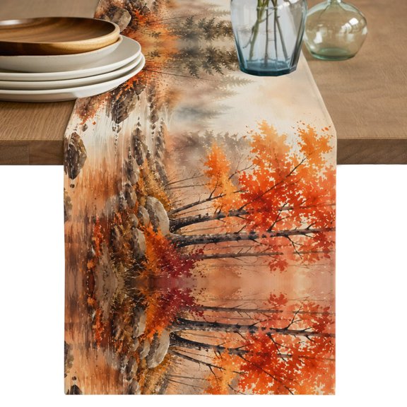 Red Maple Leaf Table Runner, Fall Pine Trees River Stream Rustic Fall Landscape Cotton Linen Table Cloth, Tablerunner for Kitchen Dining Party Wedding Home Decor 13x48 Inch