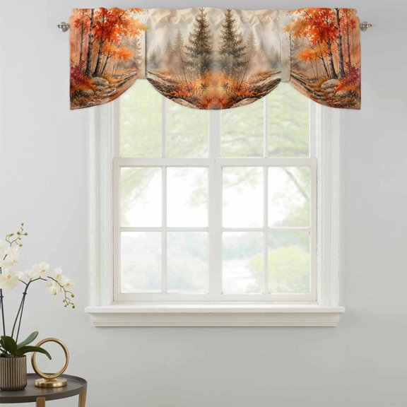 Red Maple Leaf Tie Up Valances Curtain, Fall Pine Trees River Stream Rustic Fall Landscape Kitchen Valances for Windows Decor, Rod Pocket Short Curtains Set for Bedroom/Bathroom, 60"x18"