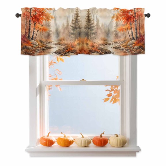 Red Maple Leaf Valances for Windows, Fall Pine Trees River Stream Rustic Fall Landscape Rod Pocket Valance Short Window Treatments Curtains for Kitchen Bathroom Bedroom Decor, 42 x 18 Inches