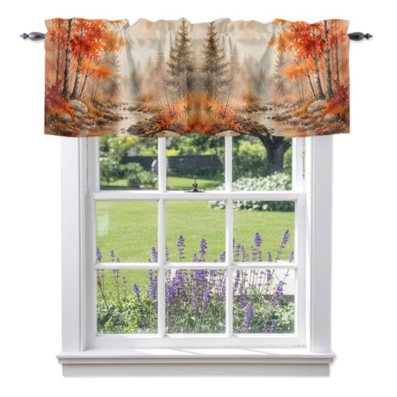 Red Maple Leaf Valances for Windows, Fall Pine Trees River Stream Rustic Fall Landscape Valance Window Treatment Rod Pocket Short Curtains Valances for Kitchen Bathroom 60"W x 14"L