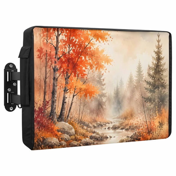 Red Maple Leaf Waterproof Outdoor TV Cover, Fall Pine Trees River Stream Rustic Fall Landscape Outside Weatherproof TV Enclosures for 80 to 85 Inch LCD Television Shield Flat Screen Protectors