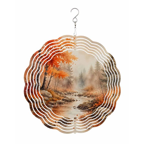 Red Maple Leaf Wind Spinner for Garden Yard 8In, Fall Pine Trees River Stream Rustic Fall Landscape 3D Stainless Steel Kinetic Hanging Wind Spinners Rustproof Outdoor Decor for Lawn Patio Home